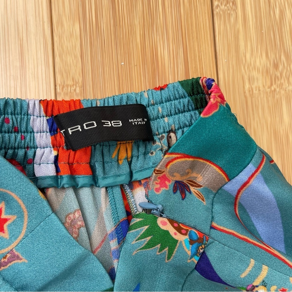 ETRO turquoise satin silk wide leg pants with colourful patterns size 38 XS - Picture 6 of 8